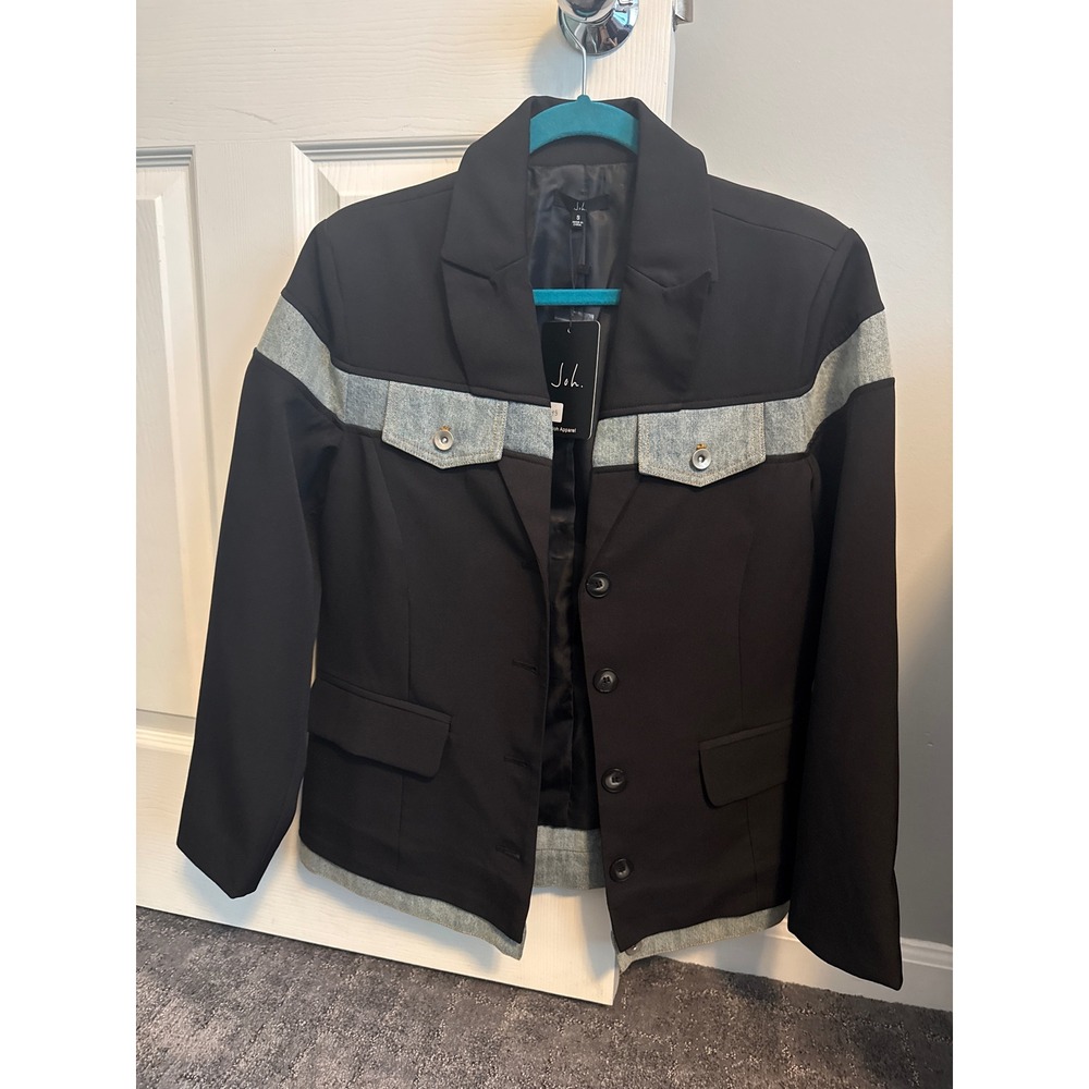 Joh Apparel Womens Black Mixed Media Denim Contrast Blazer Jacket Small NWT